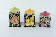 Load image into Gallery viewer, Fiasco Hand Painted Ceramic Fruit Canister Set 3 Black Kitchen Storage Jars

