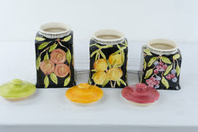 Load image into Gallery viewer, Fiasco Hand Painted Ceramic Fruit Canister Set 3 Black Kitchen Storage Jars
