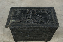 Load image into Gallery viewer, Antique Embossed Metal Clad Wood Chest Asian Figural Scenes on Casters
