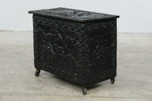 Load image into Gallery viewer, Antique Embossed Metal Clad Wood Chest Asian Figural Scenes on Casters
