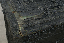 Load image into Gallery viewer, Antique Embossed Metal Clad Wood Chest Asian Figural Scenes on Casters
