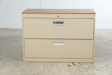 Load image into Gallery viewer, Beige Metal Two-Drawer Lateral Filing Cabinet with Woodgrain Top

