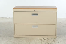 Load image into Gallery viewer, Beige Metal Two-Drawer Lateral Filing Cabinet with Woodgrain Top
