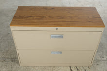 Load image into Gallery viewer, Beige Metal Two-Drawer Lateral Filing Cabinet with Woodgrain Top
