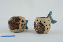Load image into Gallery viewer, Ceramic Fish Candle Holders Pair Pierced Coastal Nautical Decor Blue Brown
