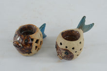 Load image into Gallery viewer, Ceramic Fish Candle Holders Pair Pierced Coastal Nautical Decor Blue Brown

