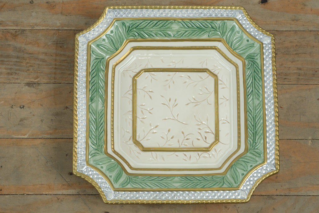 Fitz & Floyd Home Fragrance Collection 11” Handcrafted Ceramic Decorative Tray – Green & Gold Embossed Leaf Design