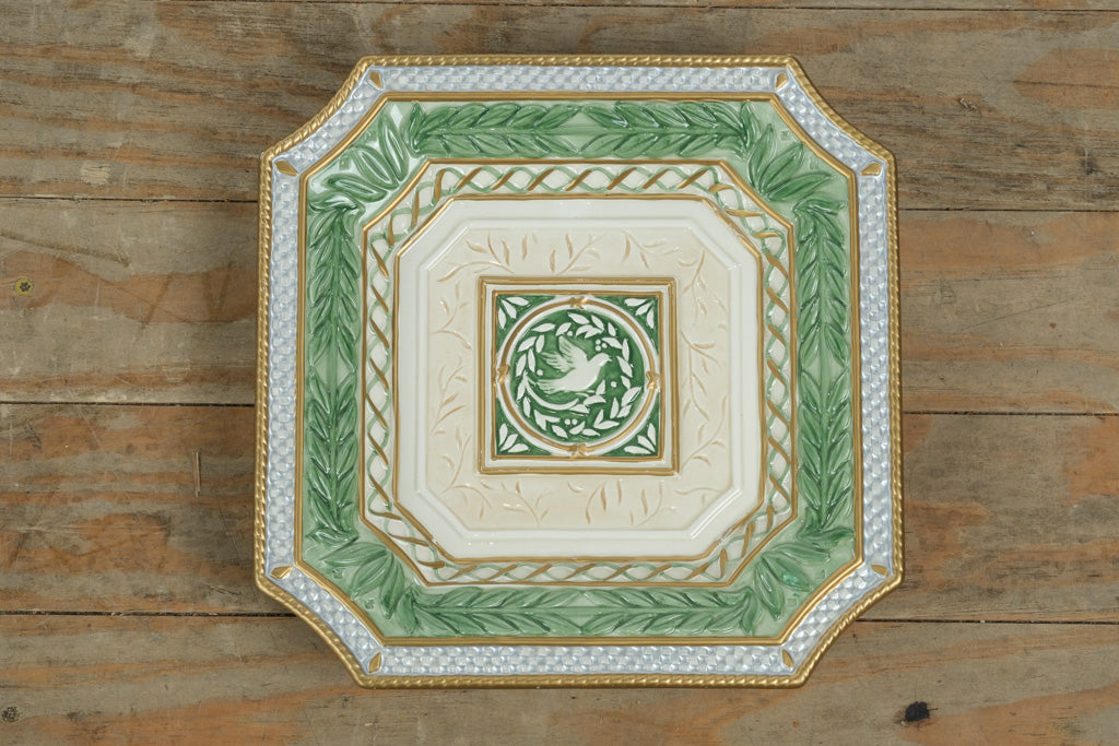 Fitz & Floyd Classics Gregorian Collection 9.5” Square “Canope” Plate – Handcrafted Ceramic with Dove Motif & Gold Trim