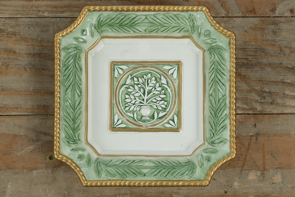 Fitz & Floyd Classics Gregorian Collection 5.6” Square Accent Plate – Handcrafted Ceramic with Embossed Tree Motif & Gold Trim