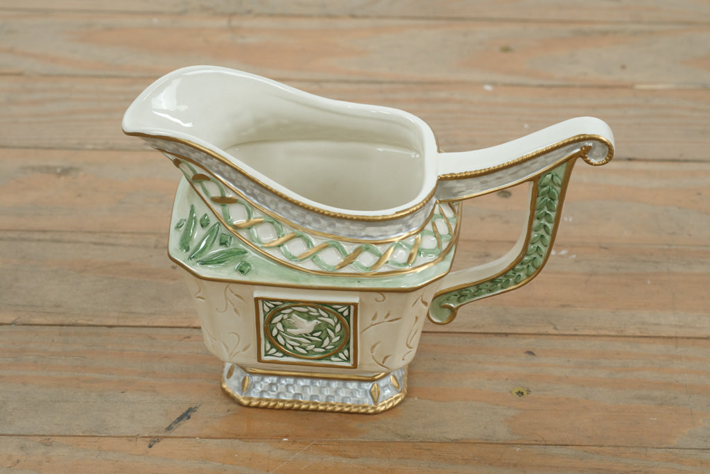 Fitz and Floyd Classics Gregorian Collection Gravy Boat – Handcrafted Porcelain with Green & Gold Accents