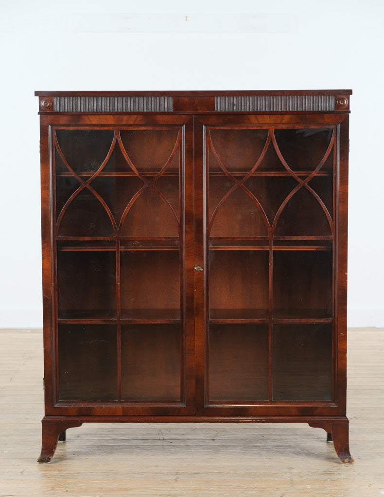 Antique Flamed Mahogany Library Display Cabinet with Fretwork Glass Doors – 37”