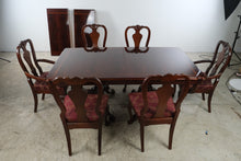 Load image into Gallery viewer, Flame Mahogany Double Pedestal Dining Table with Six Queen Anne Chairs and Two Leaves
