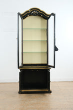 Load image into Gallery viewer, Antique Chinoiserie Display Cabinet by Flint and Horner Black Painted Curio Cabinet with Hand Painted Bird Motifs
