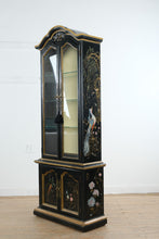 Load image into Gallery viewer, Antique Chinoiserie Display Cabinet by Flint and Horner Black Painted Curio Cabinet with Hand Painted Bird Motifs

