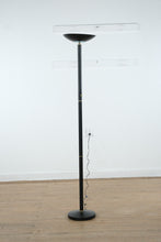 Load image into Gallery viewer, Black Metal Torchiere Floor Lamp with Brass Accents – 70” Tall Modern Minimalist Uplight
