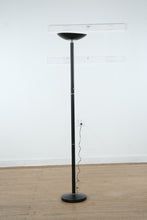 Load image into Gallery viewer, Black Metal Torchiere Floor Lamp with Brass Accents – 70” Tall Modern Minimalist Uplight
