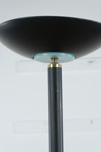 Load image into Gallery viewer, Black Metal Torchiere Floor Lamp with Brass Accents – 70” Tall Modern Minimalist Uplight

