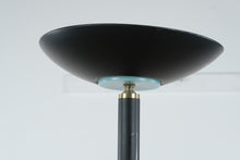 Load image into Gallery viewer, Black Metal Torchiere Floor Lamp with Brass Accents – 70” Tall Modern Minimalist Uplight
