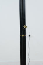 Load image into Gallery viewer, Black Metal Torchiere Floor Lamp with Brass Accents – 70” Tall Modern Minimalist Uplight

