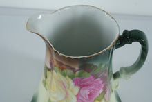 Load image into Gallery viewer, Antique Hand-Painted Porcelain Pitcher – Victorian Roses &amp; Fluted Skirt Base – 8" Tall
