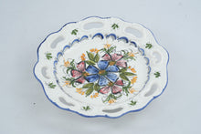 Load image into Gallery viewer, Hand Painted Floral Ceramic Bowl Pierced Scalloped Rim Blue Pink 11 Inch
