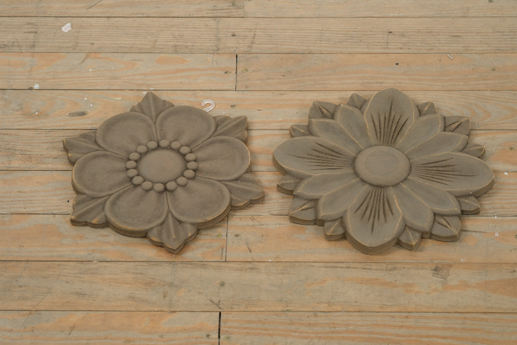 Pair of Decorative Carved Wood Wall Plaques – Rustic Floral Medallion Set