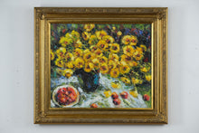 Load image into Gallery viewer, &quot;Golden Bloom Still Life&quot; – Framed Oil on Canvas with Yellow Chrysanthemums and Fruit
