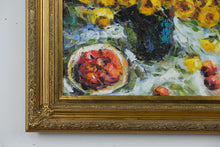 Load image into Gallery viewer, &quot;Golden Bloom Still Life&quot; – Framed Oil on Canvas with Yellow Chrysanthemums and Fruit
