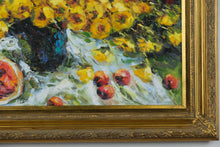 Load image into Gallery viewer, &quot;Golden Bloom Still Life&quot; – Framed Oil on Canvas with Yellow Chrysanthemums and Fruit
