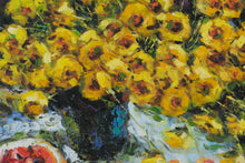 Load image into Gallery viewer, &quot;Golden Bloom Still Life&quot; – Framed Oil on Canvas with Yellow Chrysanthemums and Fruit
