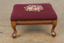 Load image into Gallery viewer, Vintage Needlepoint Footstool Queen Anne Style Wood Ottoman Floral Burgundy
