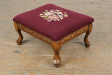 Load image into Gallery viewer, Vintage Needlepoint Footstool Queen Anne Style Wood Ottoman Floral Burgundy
