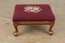 Load image into Gallery viewer, Vintage Needlepoint Footstool Queen Anne Style Wood Ottoman Floral Burgundy
