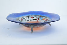 Load image into Gallery viewer, Large Fused Art Glass Bowl Cobalt Blue Mosaic Spiral Footed Centerpiece 16 Inch
