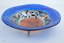 Load image into Gallery viewer, Large Fused Art Glass Bowl Cobalt Blue Mosaic Spiral Footed Centerpiece 16 Inch
