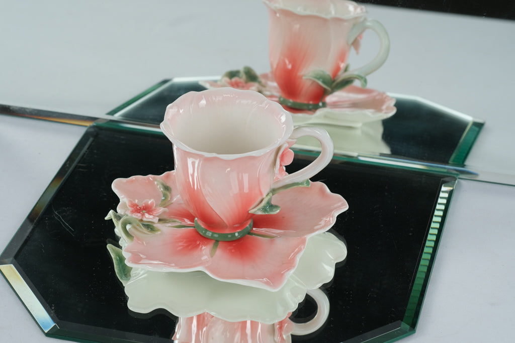 Two’s Company Porcelain Flower Cup & Saucer – Pink Hibiscus Design, Collectible Tea Cup
