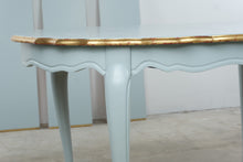 Load image into Gallery viewer, Vintage French Provincial Dining Table 3 Leaves Blue Gold Cabriole Legs
