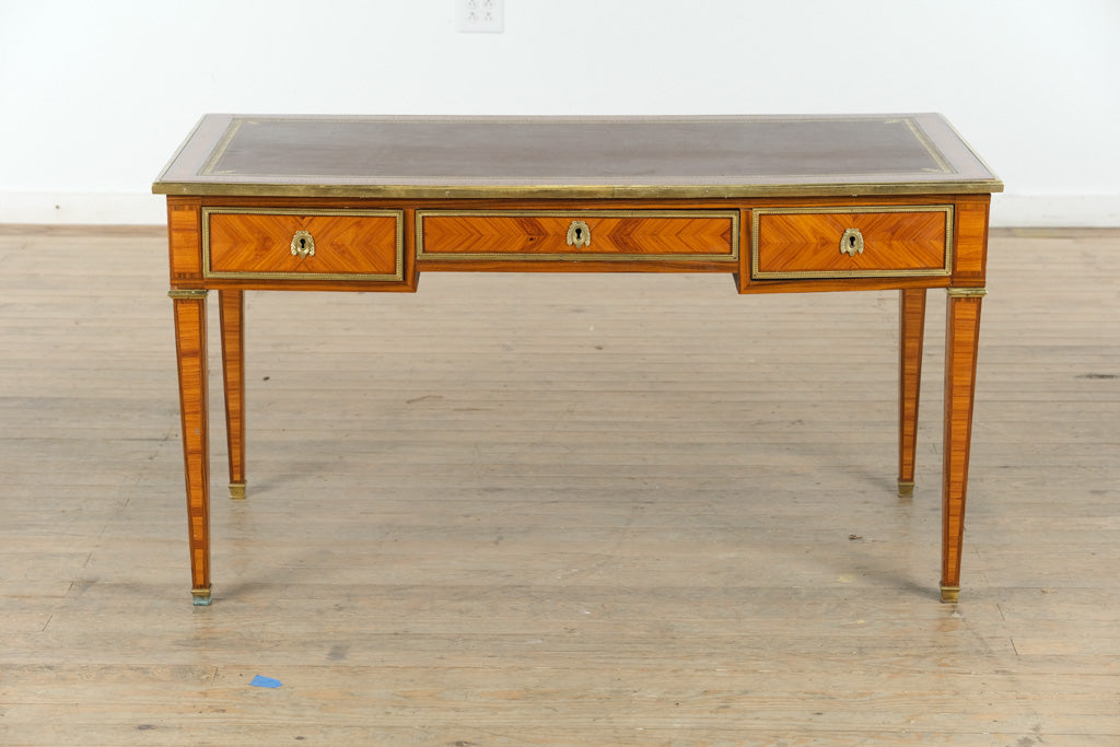 Antique French Satinwood Desk with Leather Inlay & Brass Trim