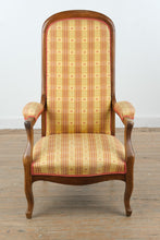 Load image into Gallery viewer, French Provincial Walnut Wingback Armchair with Plaid Upholstery
