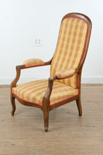 Load image into Gallery viewer, French Provincial Walnut Wingback Armchair with Plaid Upholstery
