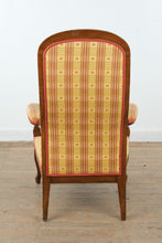 Load image into Gallery viewer, French Provincial Walnut Wingback Armchair with Plaid Upholstery
