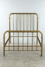 Load image into Gallery viewer, Antique Brass Full Size Metal Bed Frame with Spindle Rails and Casters
