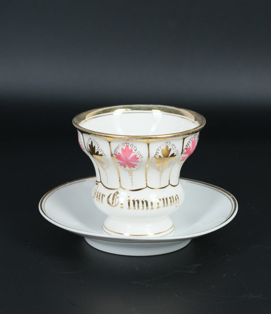 antique german coffee cups Antique German Porcelain Cup & Saucer – “Zur Erinnerung” – Hand Painted  Gold & Floral Detail