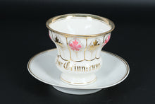Load image into Gallery viewer, Antique German Porcelain Cup &amp; Saucer – “Zur Erinnerung” – Hand Painted Gold &amp; Floral Detail
