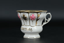 Load image into Gallery viewer, Antique German Porcelain Cup &amp; Saucer – “Zur Erinnerung” – Hand Painted Gold &amp; Floral Detail
