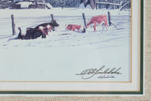 Load image into Gallery viewer, Bob Timberlake Gilleys Cows Personalized Winter Farm Print Framed 22 x 17
