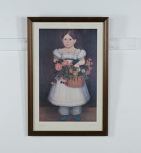 Load image into Gallery viewer, Framed Vintage Folk Art Print “Girl with Basket of Flowers” | Circa 1830 American Portrait | Hedge Row House 1981 | 23” x 34”
