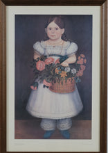 Load image into Gallery viewer, Framed Vintage Folk Art Print “Girl with Basket of Flowers” | Circa 1830 American Portrait | Hedge Row House 1981 | 23” x 34”
