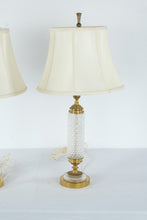 Load image into Gallery viewer, Vintage Hollywood Regency Crystal Style Pressed Glass Brass Table Lamps Pair
