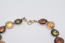 Load image into Gallery viewer, Murano Style Foil Glass Bead Necklace Green Copper Gold Artisan Jewelry
